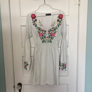 Denimland White Mini Dress with Pink and Green Embroidery Size M